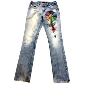 Women’s Custom Painted Bare Denim Jeans – Rainbow Smile Flower – Y2K‎ Aesthetic